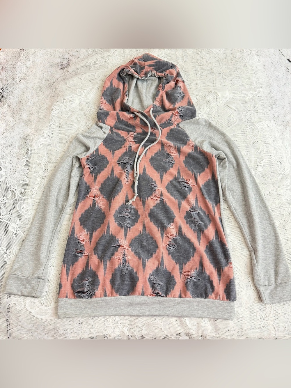 12PM By Mon Ami Distressed Aztec Hoodie Size Medium